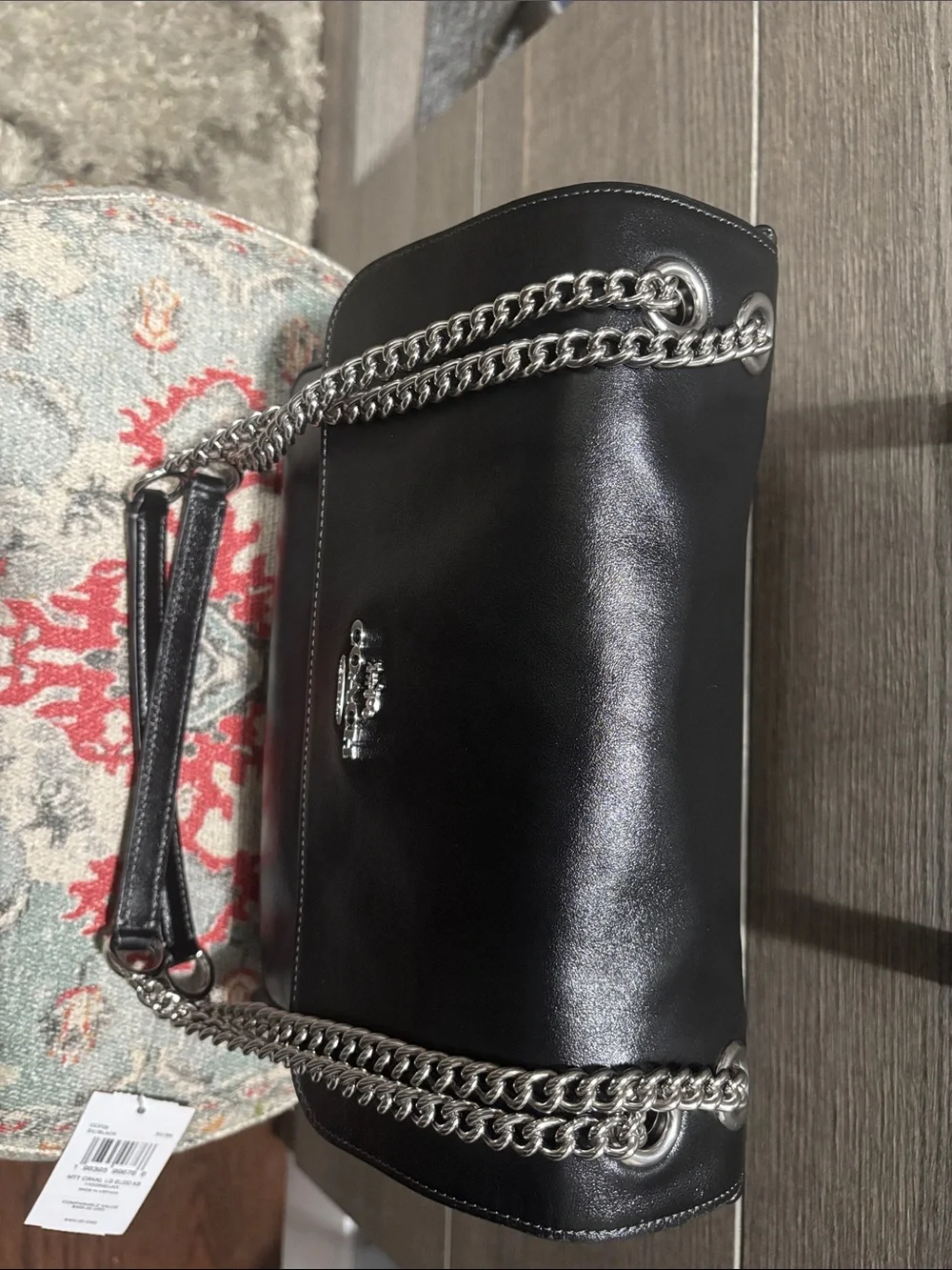 NWT Coach Black Leather Crossbody with Silver Chain Strap